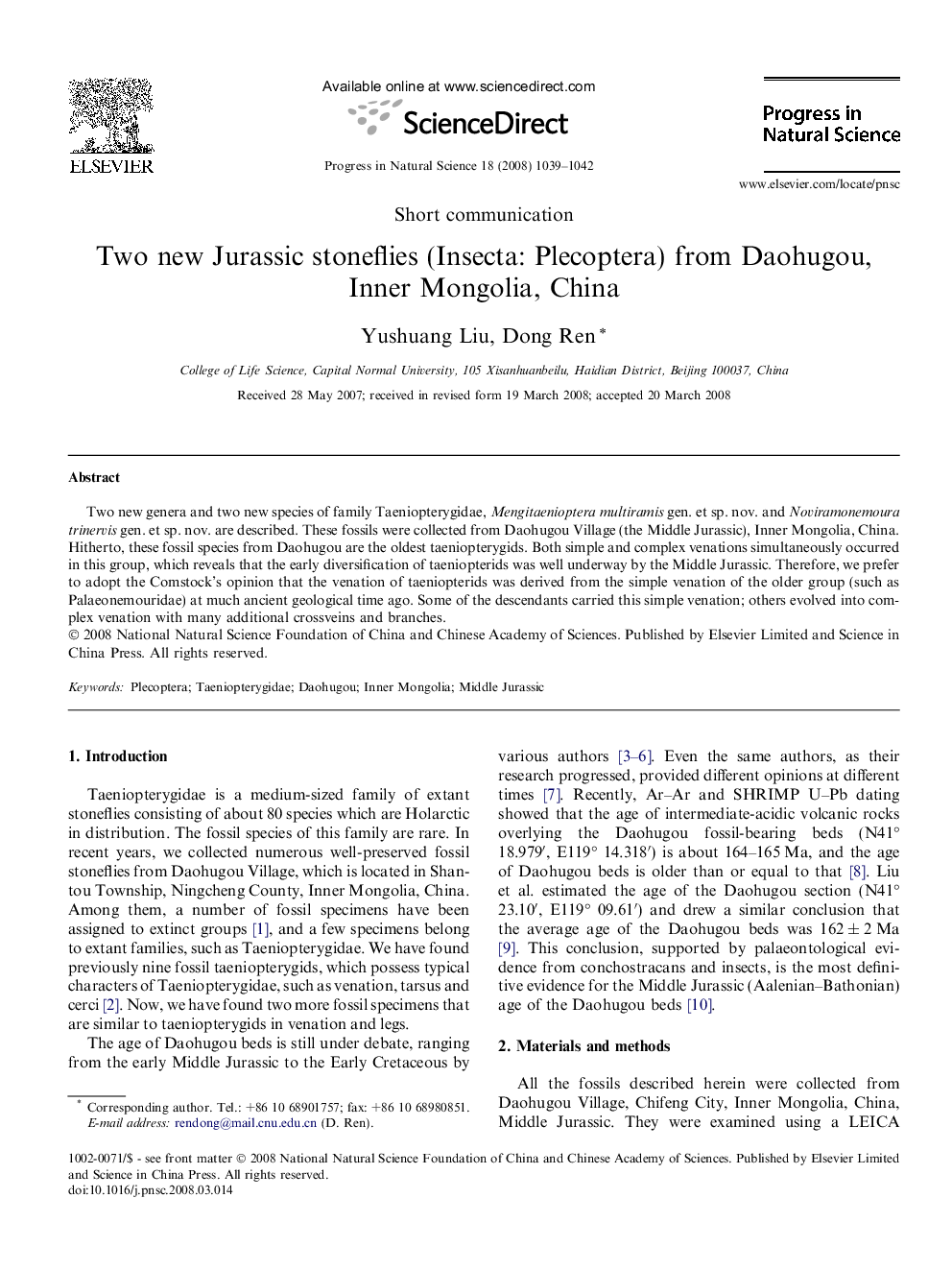 Two new Jurassic stoneflies (Insecta: Plecoptera) from Daohugou, Inner Mongolia, China