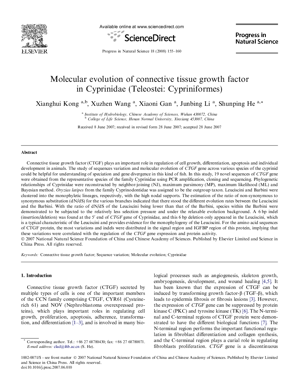 Molecular evolution of connective tissue growth factor in Cyprinidae (Teleostei: Cypriniformes)