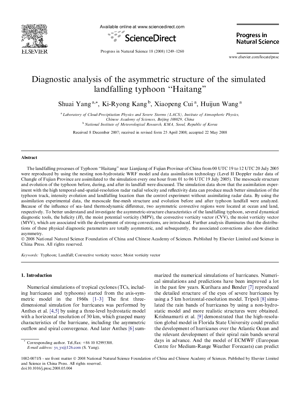 Diagnostic analysis of the asymmetric structure of the simulated landfalling typhoon “Haitang”