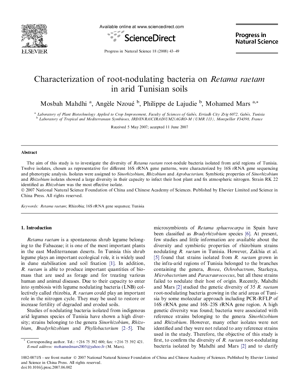 Characterization of root-nodulating bacteria on Retama raetam in arid Tunisian soils