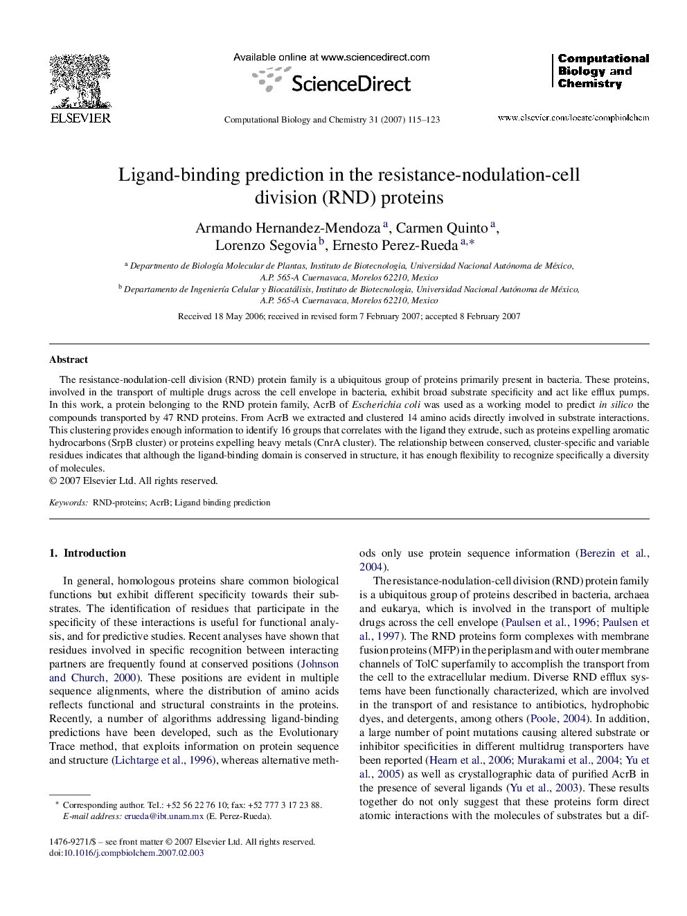 عکس صفحه اول مقاله: Ligand-binding prediction in the resistance-nodulation-cell division (RND) proteins Ligand-binding prediction in the resistance-nodulation-cell division (RND) proteins