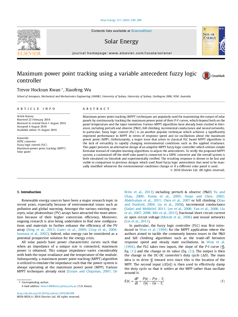 Maximum power point tracking using a variable antecedent fuzzy logic controller