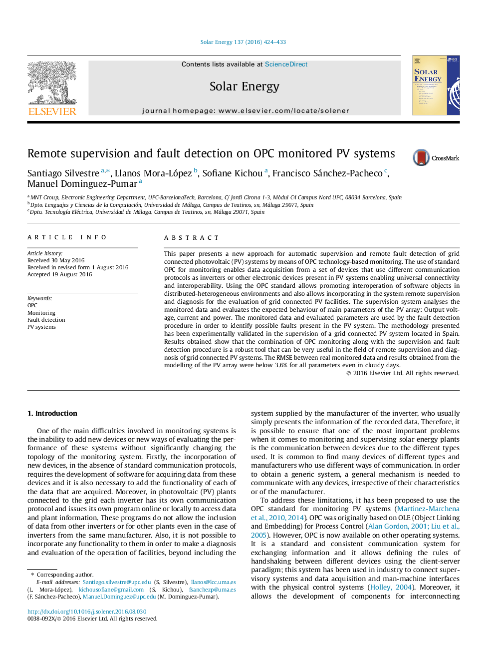 Remote supervision and fault detection on OPC monitored PV systems