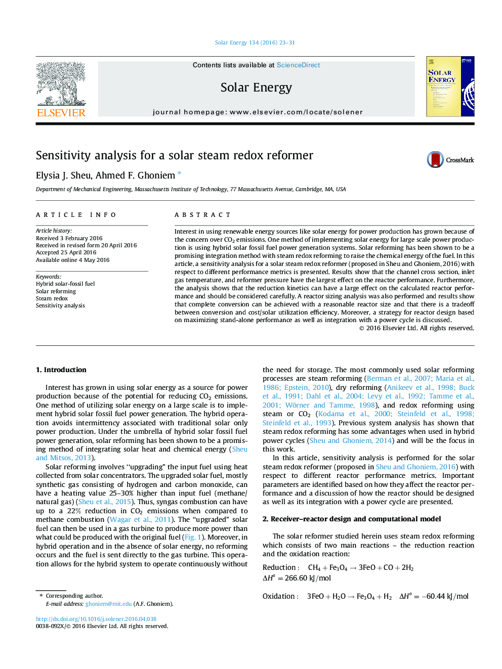 Sensitivity analysis for a solar steam redox reformer