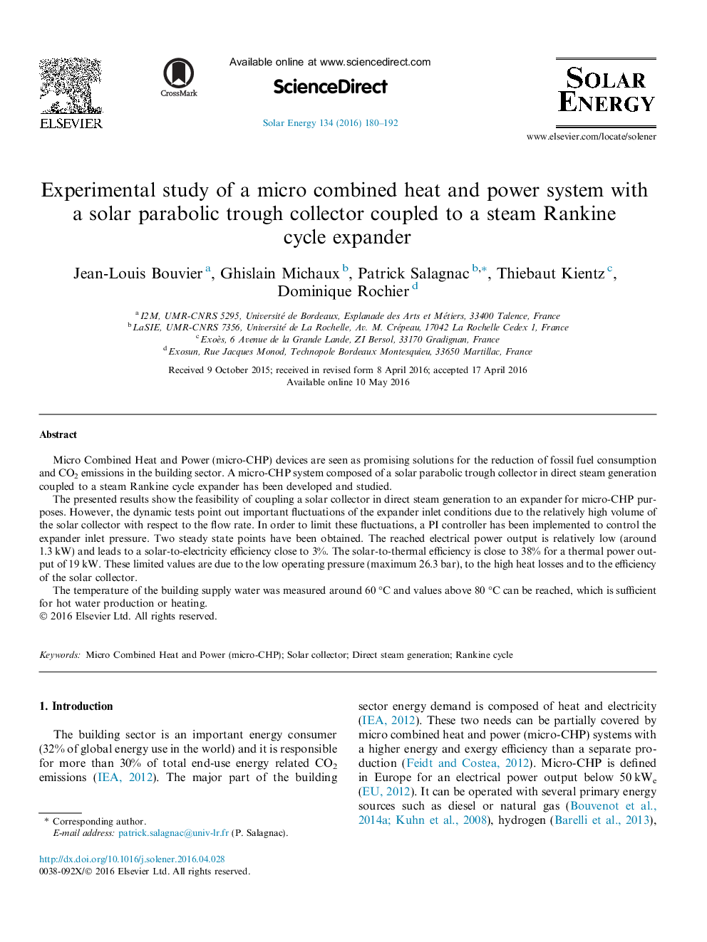 Experimental study of a micro combined heat and power system with a solar parabolic trough collector coupled to a steam Rankine cycle expander