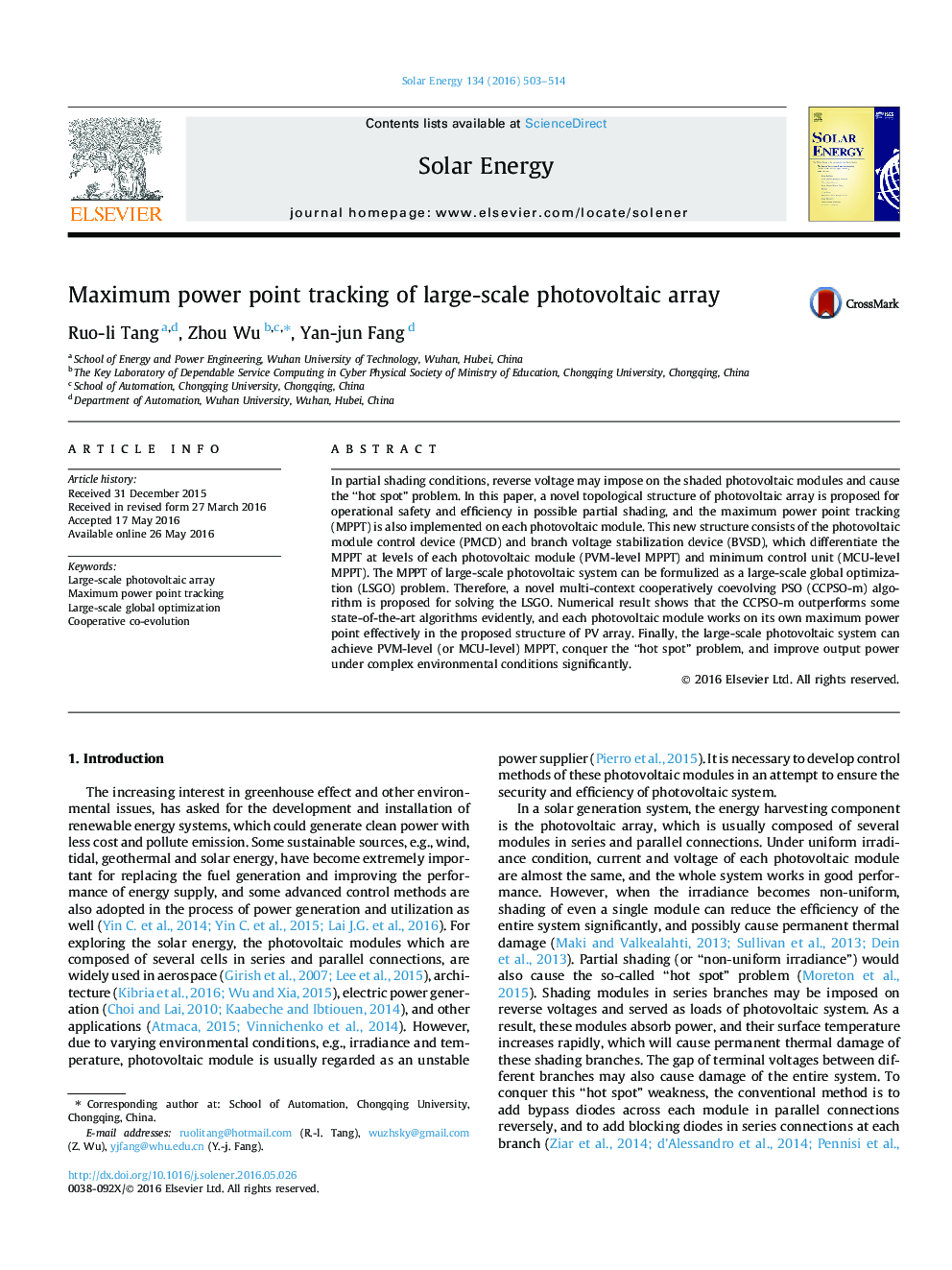 Maximum power point tracking of large-scale photovoltaic array