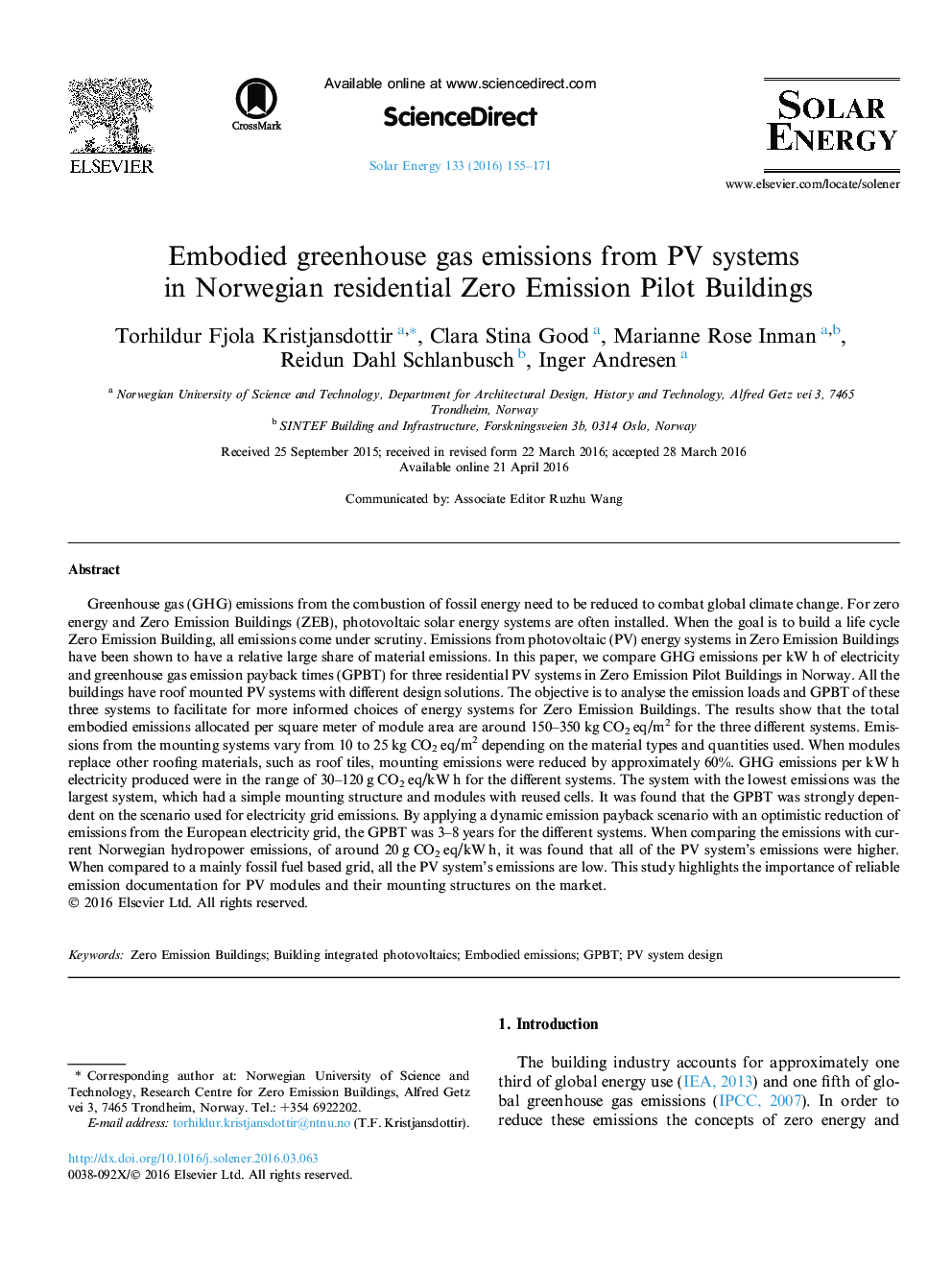 Embodied greenhouse gas emissions from PV systems in Norwegian residential Zero Emission Pilot Buildings