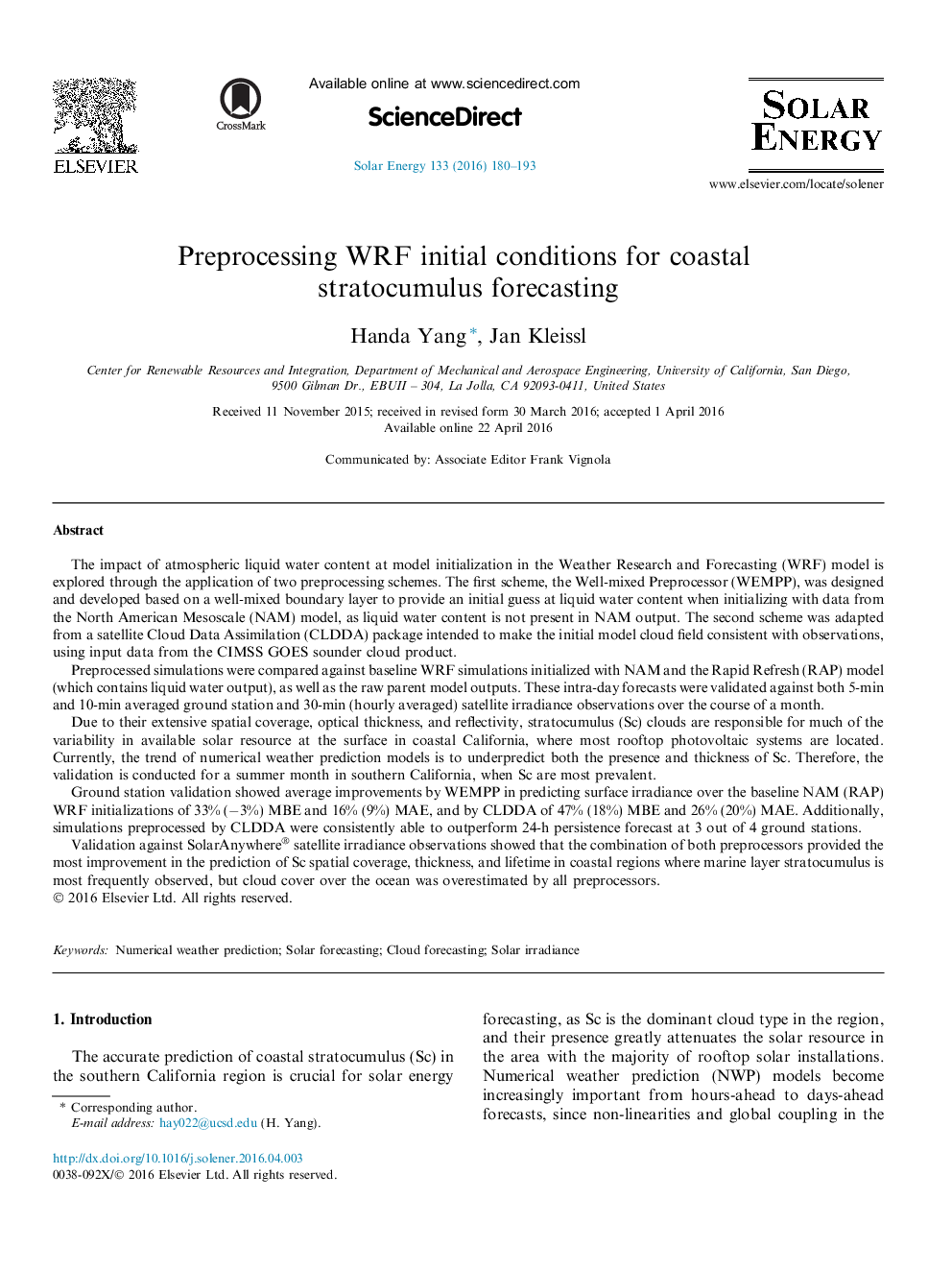 Preprocessing WRF initial conditions for coastal stratocumulus forecasting