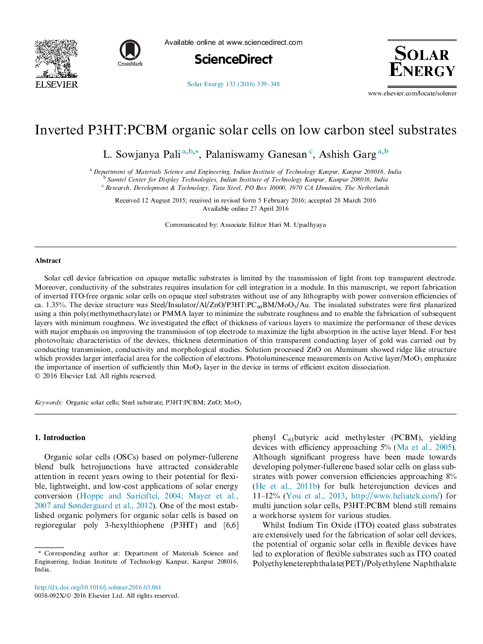 Inverted P3HT:PCBM organic solar cells on low carbon steel substrates