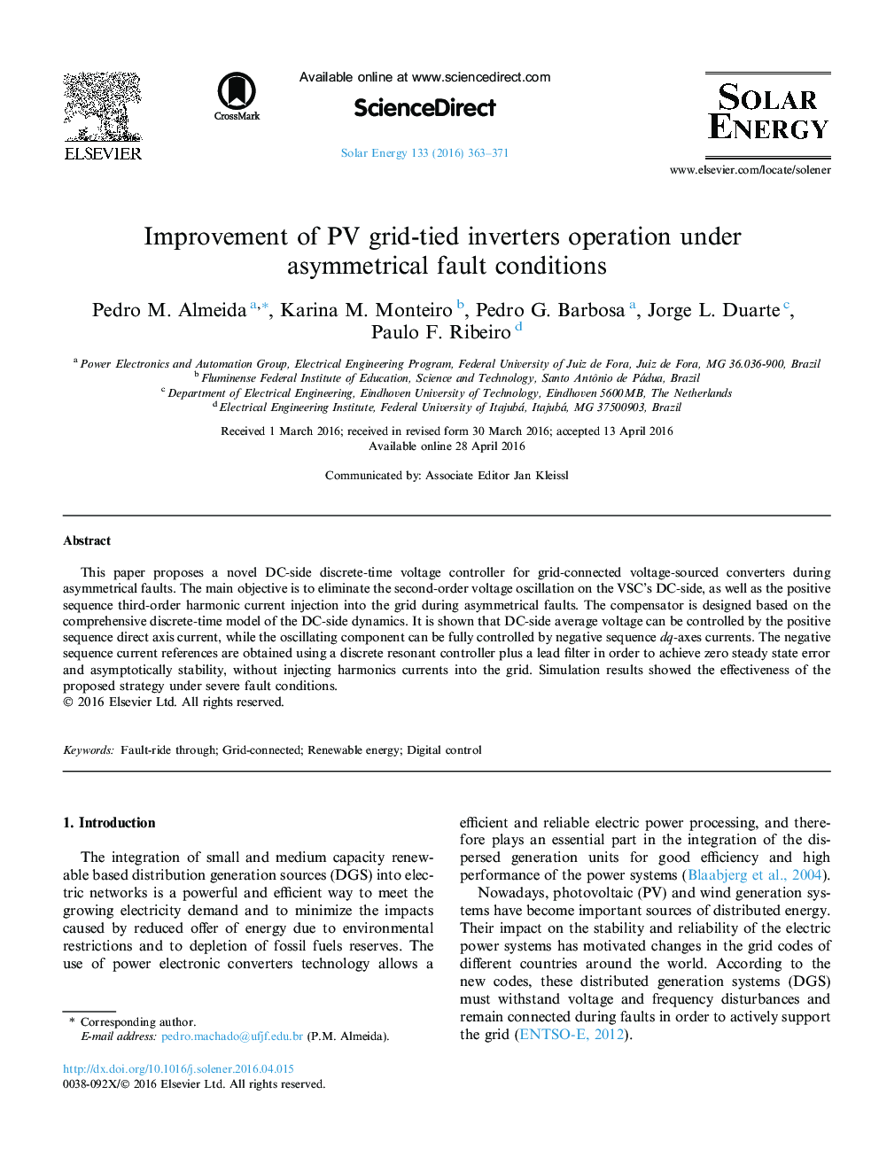 Improvement of PV grid-tied inverters operation under asymmetrical fault conditions