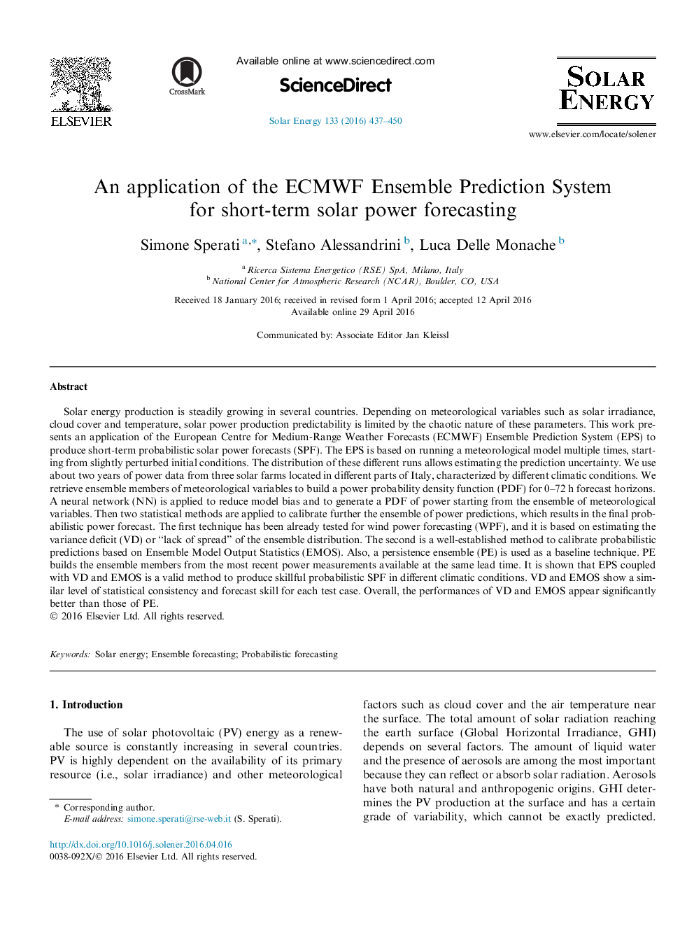 An application of the ECMWF Ensemble Prediction System for short-term solar power forecasting