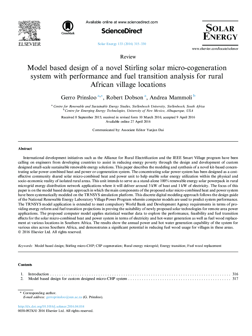 Model based design of a novel Stirling solar micro-cogeneration system with performance and fuel transition analysis for rural African village locations