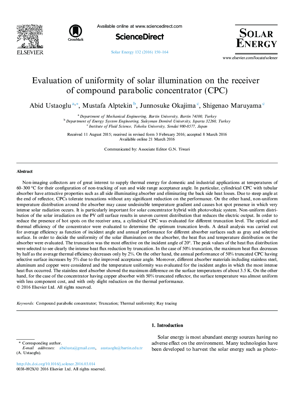 Evaluation of uniformity of solar illumination on the receiver of compound parabolic concentrator (CPC)