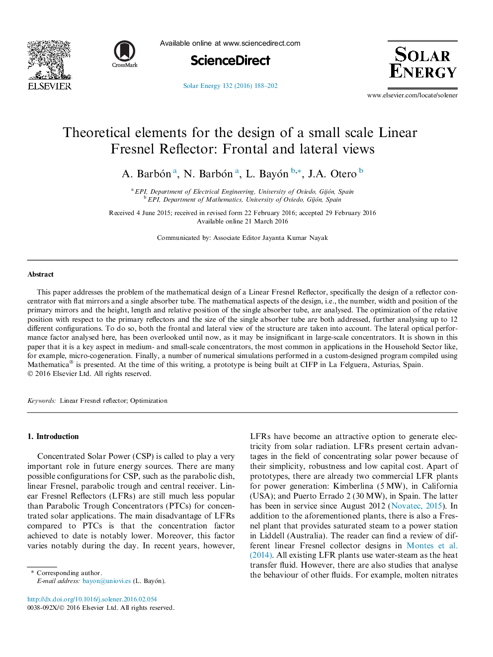 Theoretical elements for the design of a small scale Linear Fresnel Reflector: Frontal and lateral views