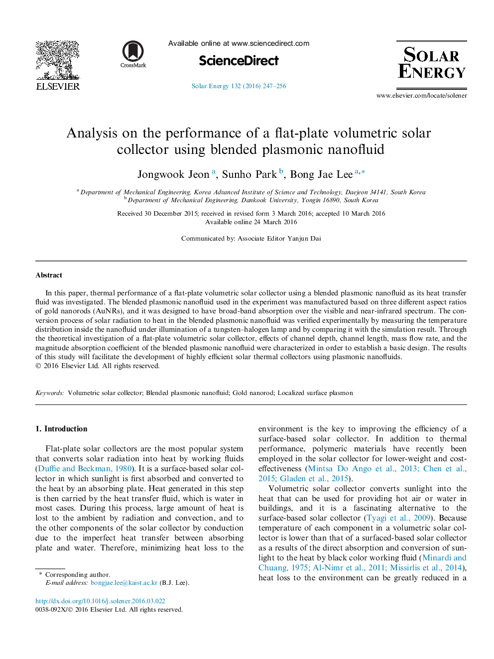 تجزیه و تحلیل بر روی عملکرد یک جمع کننده خورشیدی حجمی تابش با استفاده از نانوسیم های پلاسمونی مخلوط شده 