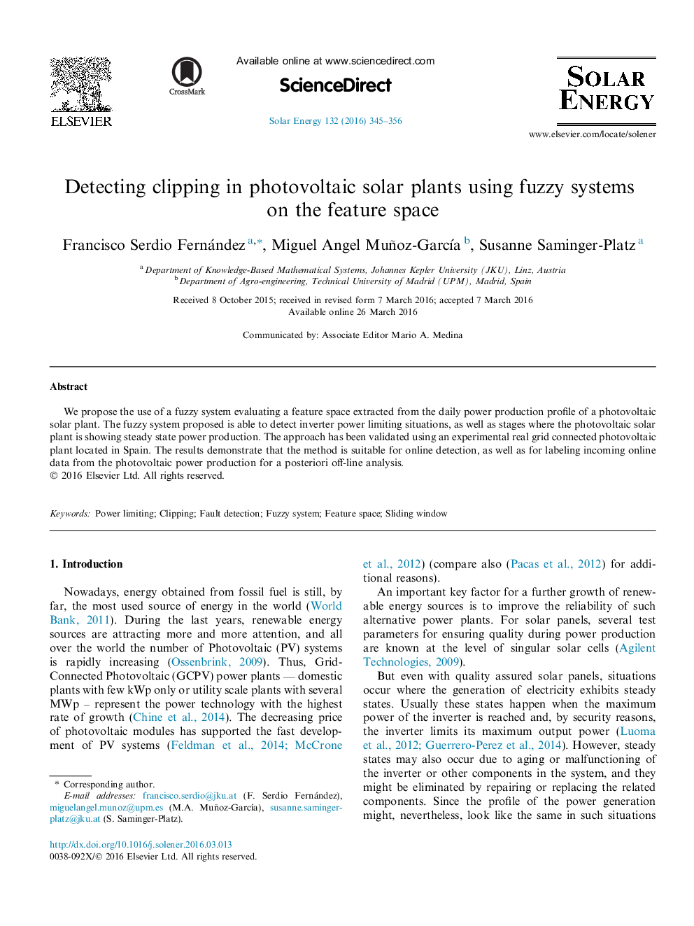 Detecting clipping in photovoltaic solar plants using fuzzy systems on the feature space