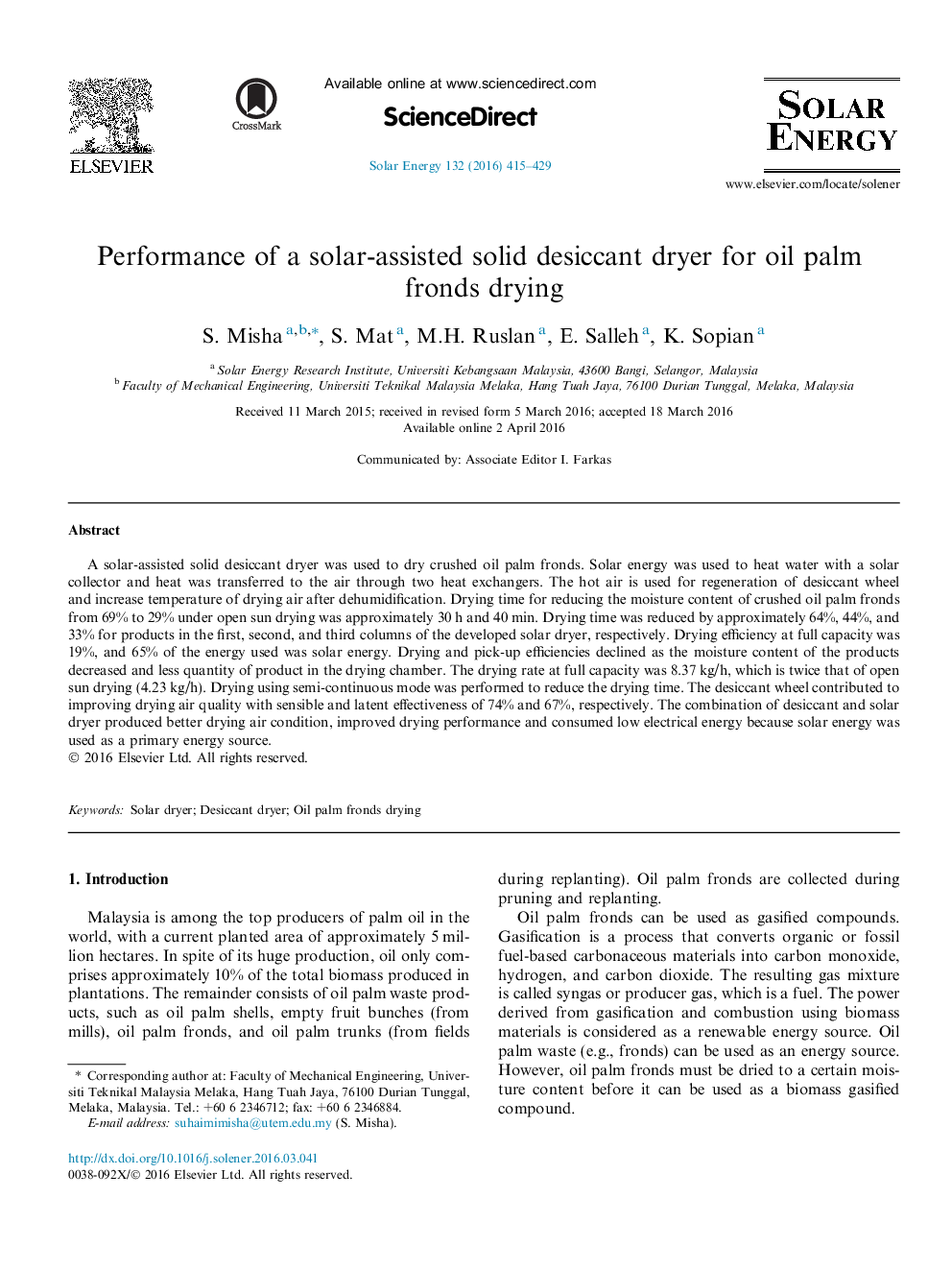 Performance of a solar-assisted solid desiccant dryer for oil palm fronds drying