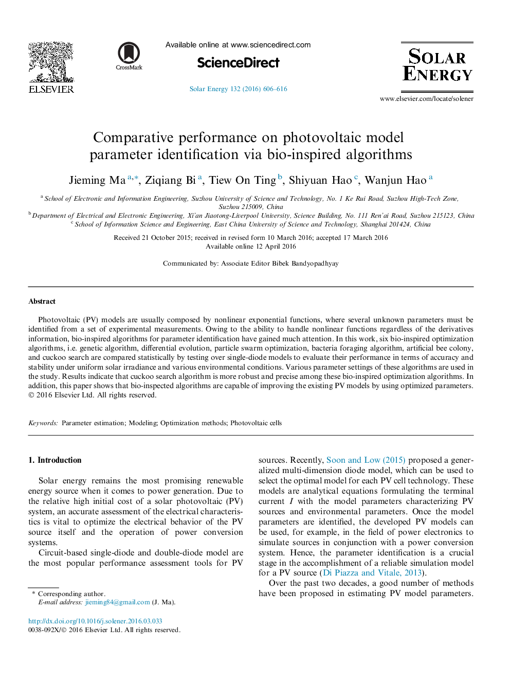 عملکرد مقایسه ای در شناسایی پارامترهای مدل فتوولتائیک از طریق الگوریتم های الهام گرفته از زیست شناسی 