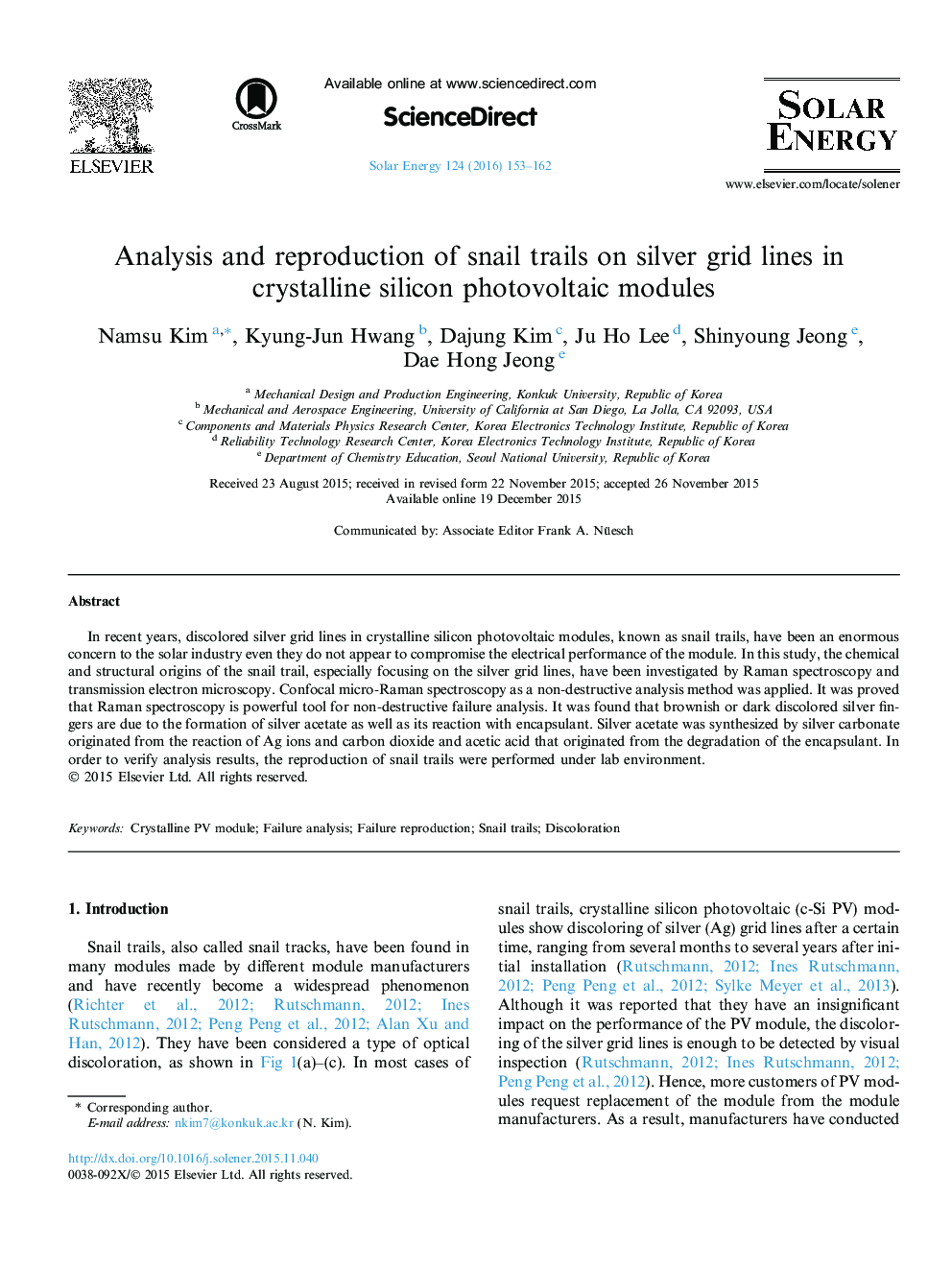 Analysis and reproduction of snail trails on silver grid lines in crystalline silicon photovoltaic modules