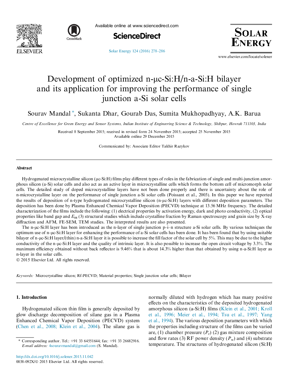 Development of optimized n-μc-Si:H/n-a-Si:H bilayer and its application for improving the performance of single junction a-Si solar cells