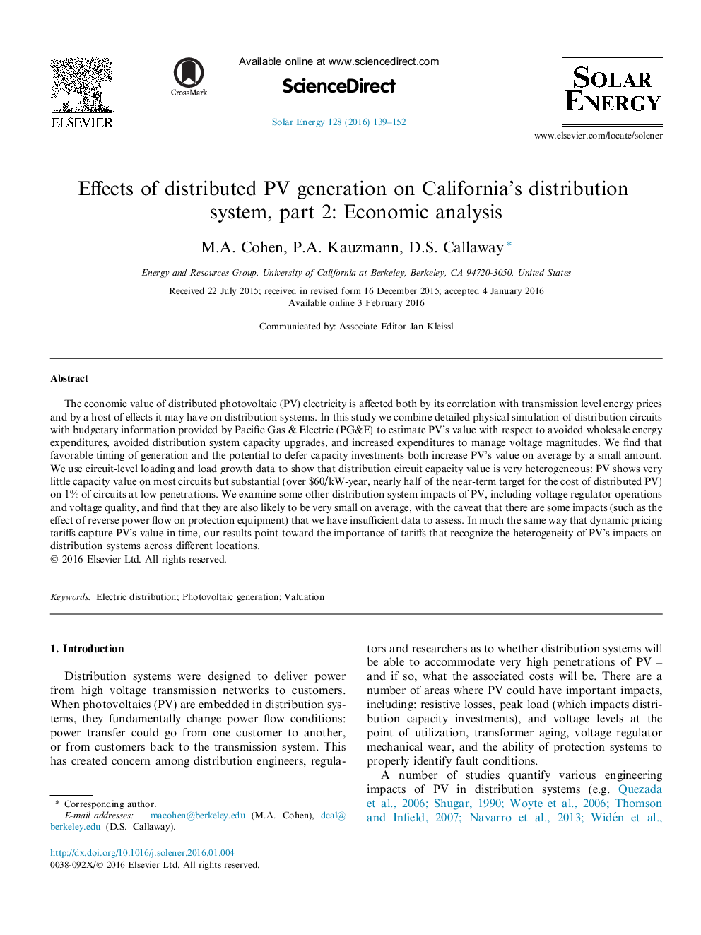 Effects of distributed PV generation on California's distribution system, part 2: Economic analysis