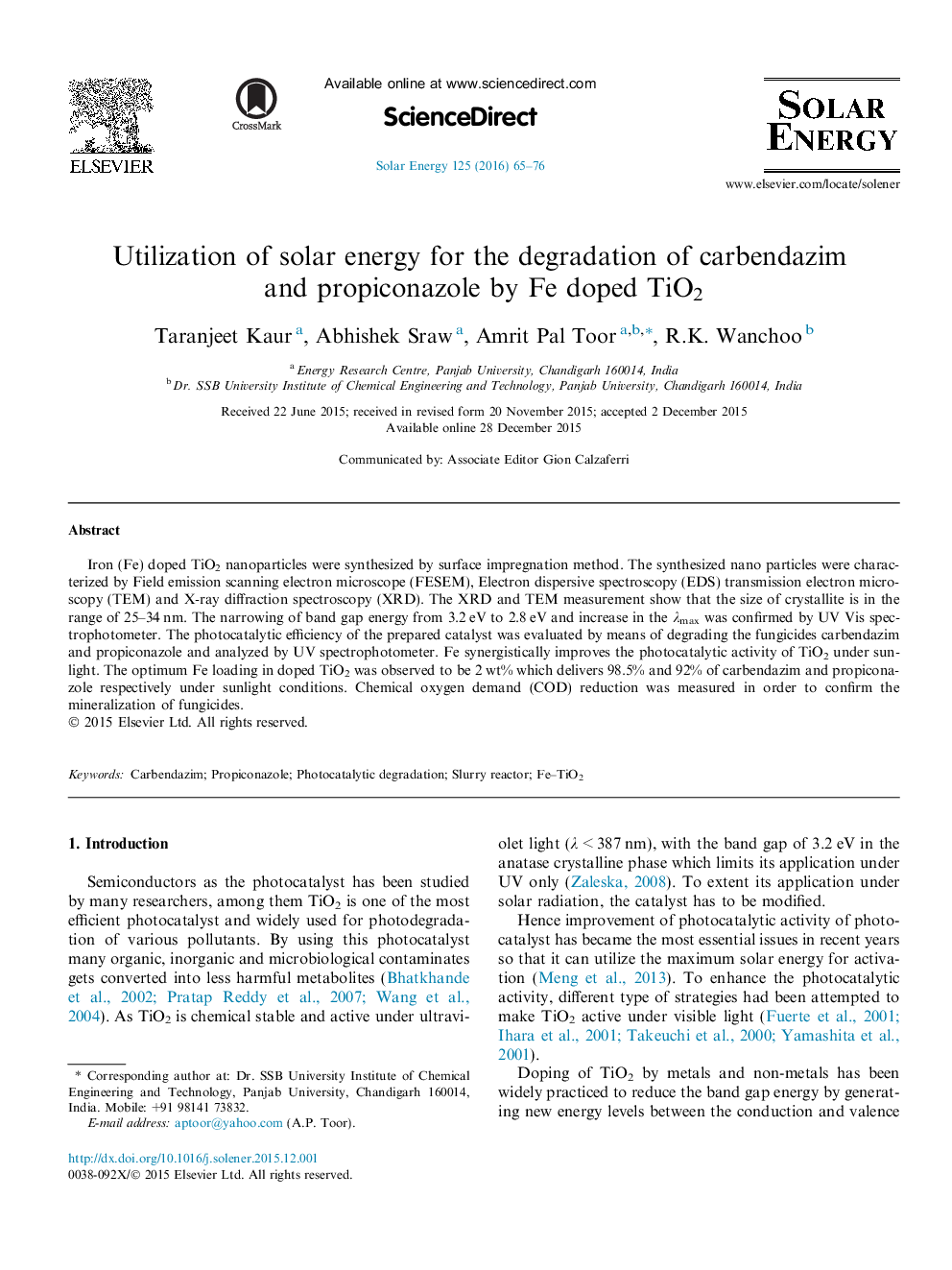 Utilization of solar energy for the degradation of carbendazim and propiconazole by Fe doped TiO2