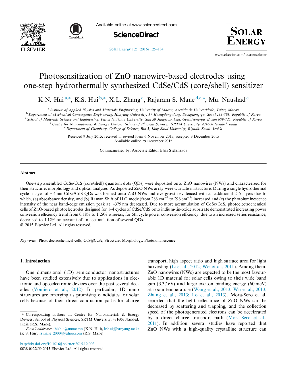 Photosensitization of ZnO nanowire-based electrodes using one-step hydrothermally synthesized CdSe/CdS (core/shell) sensitizer