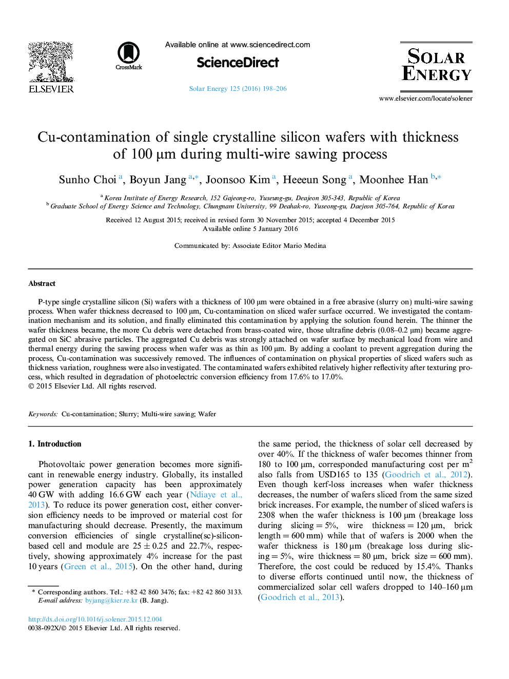 Cu-contamination of single crystalline silicon wafers with thickness of 100 μm during multi-wire sawing process