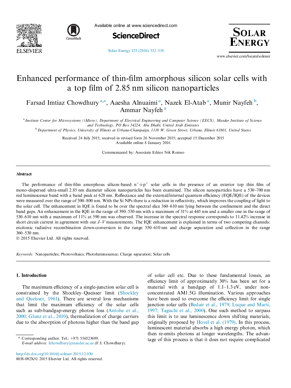 Enhanced performance of thin-film amorphous silicon solar cells with a top film of 2.85Â nm silicon nanoparticles