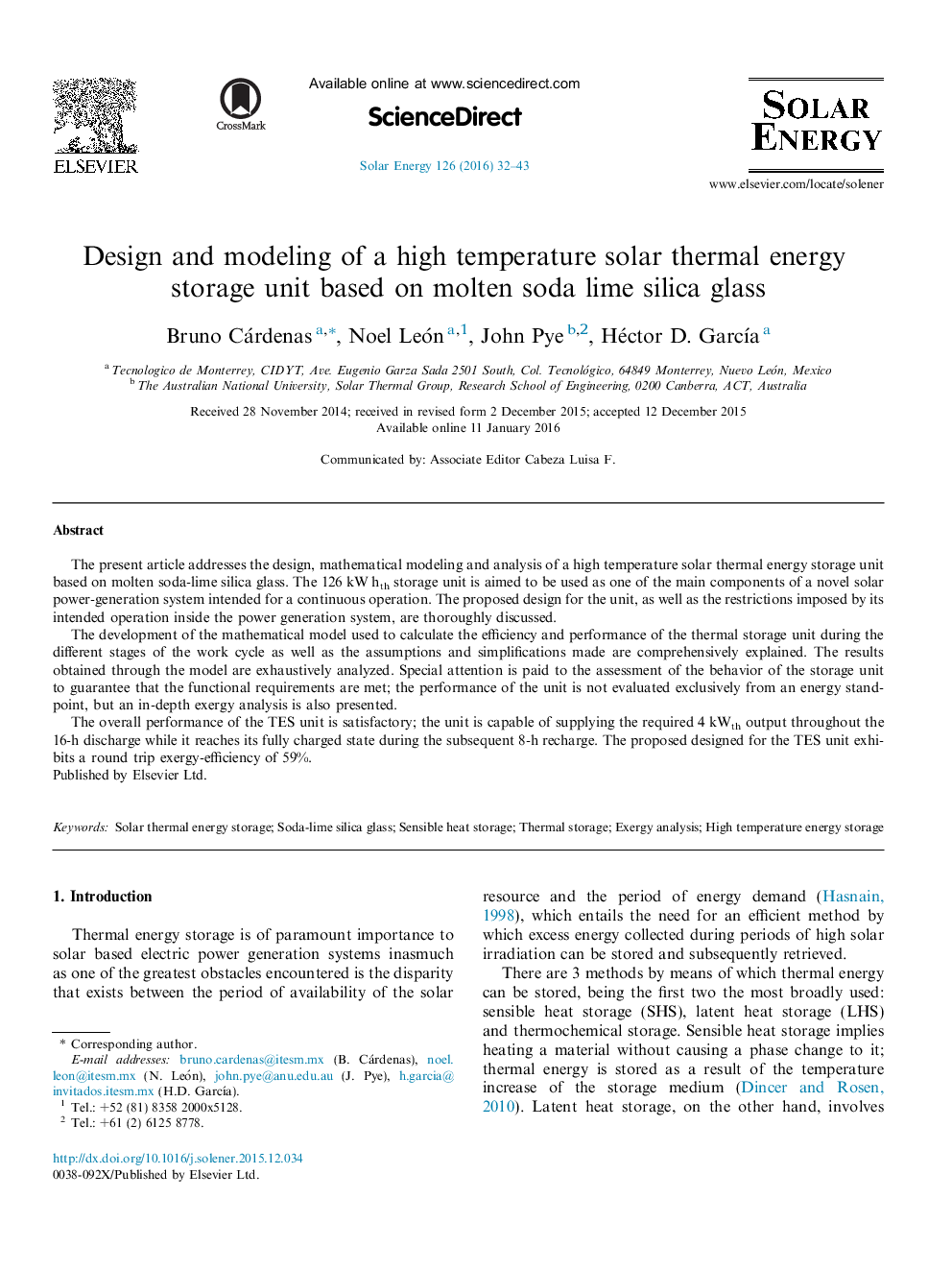 Design and modeling of a high temperature solar thermal energy storage unit based on molten soda lime silica glass