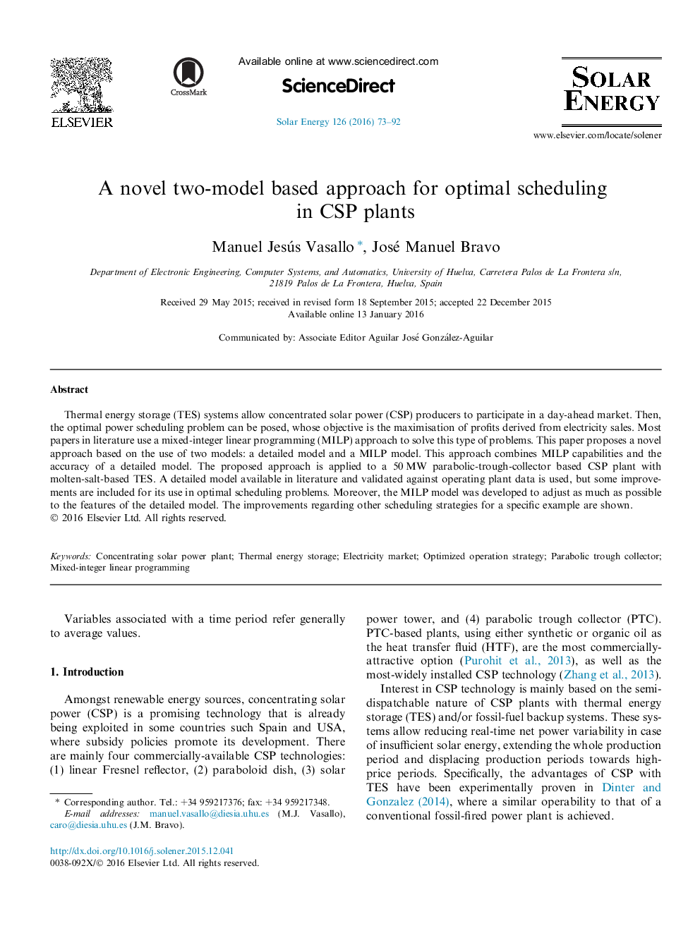 A novel two-model based approach for optimal scheduling in CSP plants