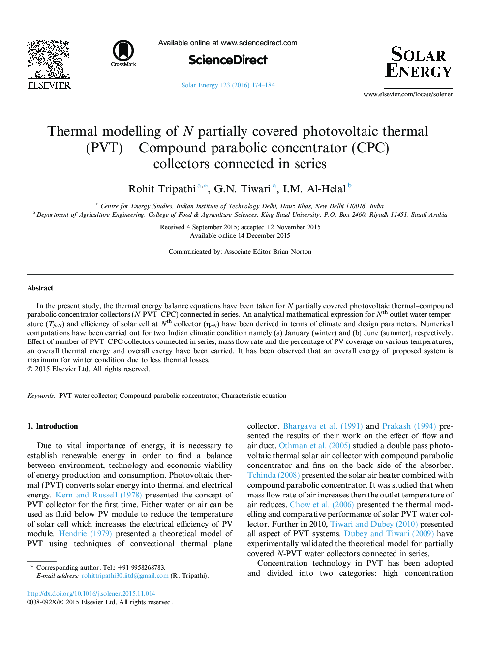Thermal modelling of N partially covered photovoltaic thermal (PVT) – Compound parabolic concentrator (CPC) collectors connected in series
