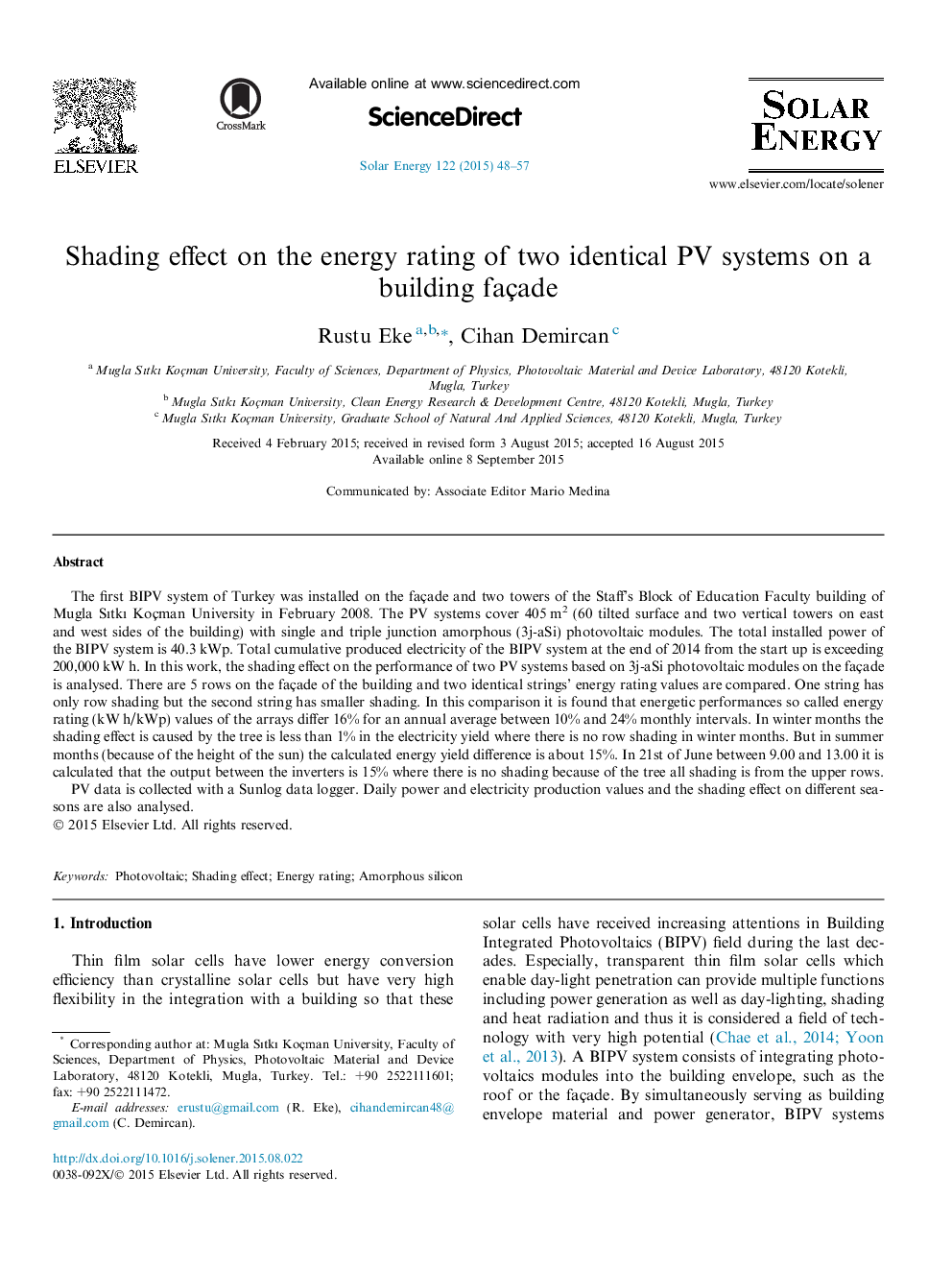 Shading effect on the energy rating of two identical PV systems on a building façade