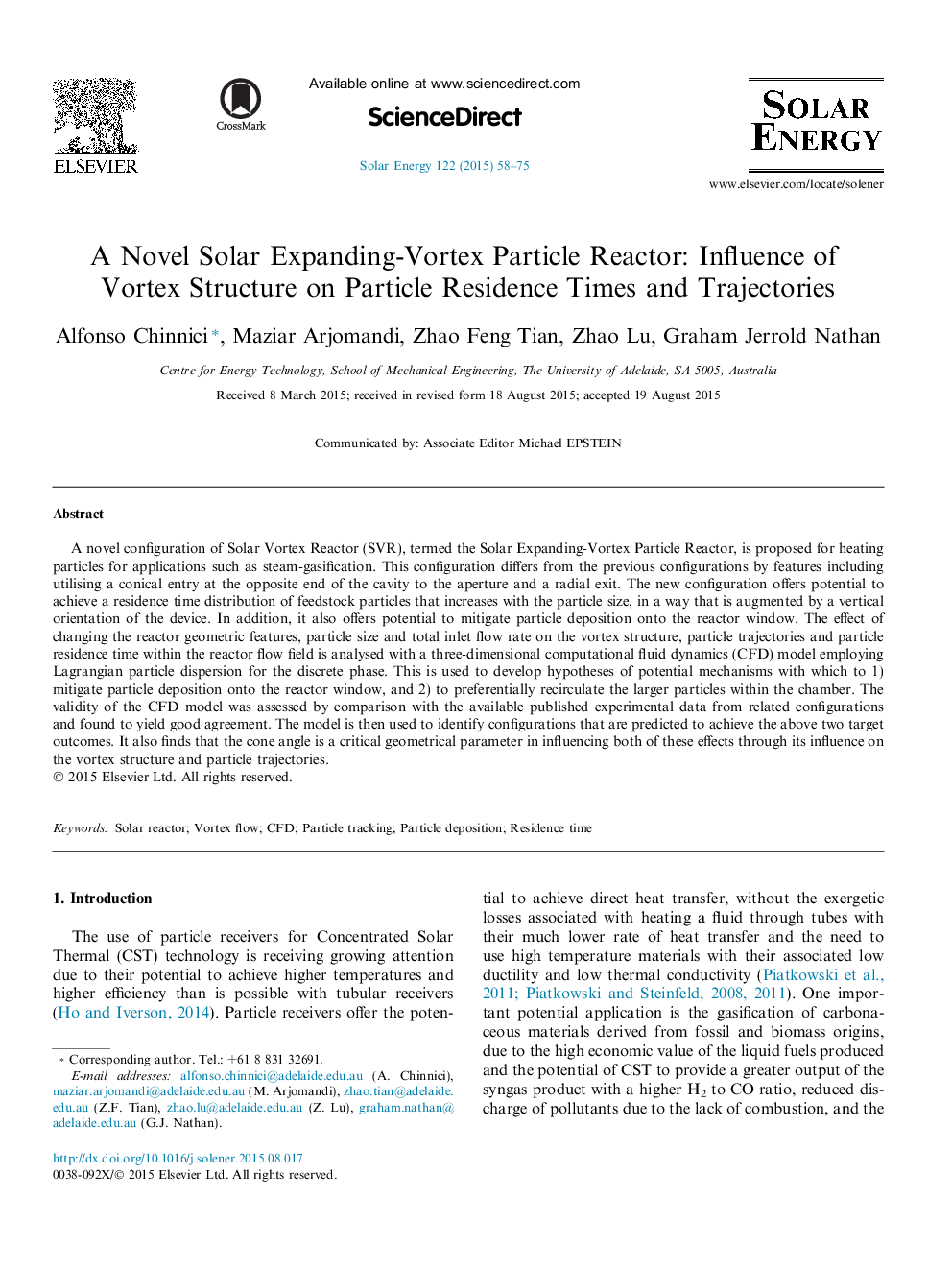 A Novel Solar Expanding-Vortex Particle Reactor: Influence of Vortex Structure on Particle Residence Times and Trajectories