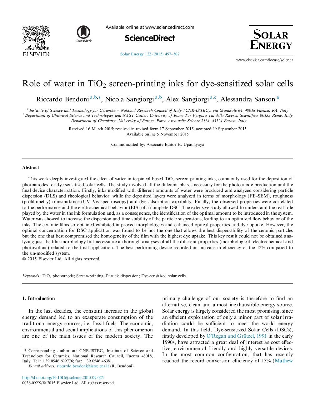 Role of water in TiO2 screen-printing inks for dye-sensitized solar cells