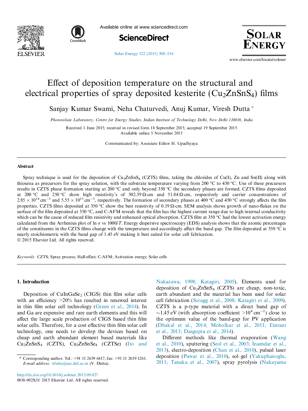 Effect of deposition temperature on the structural and electrical properties of spray deposited kesterite (Cu2ZnSnS4) films