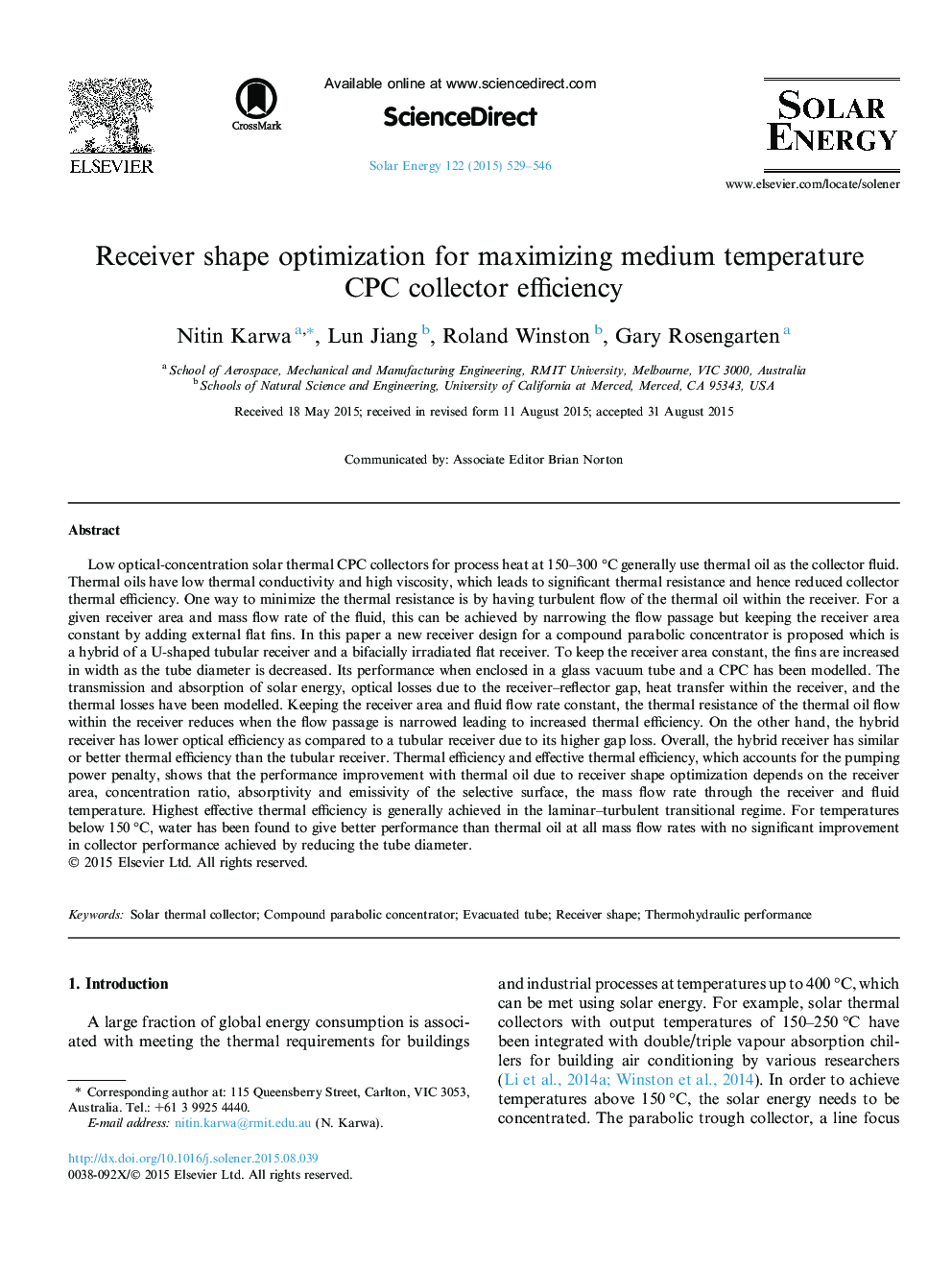 Receiver shape optimization for maximizing medium temperature CPC collector efficiency