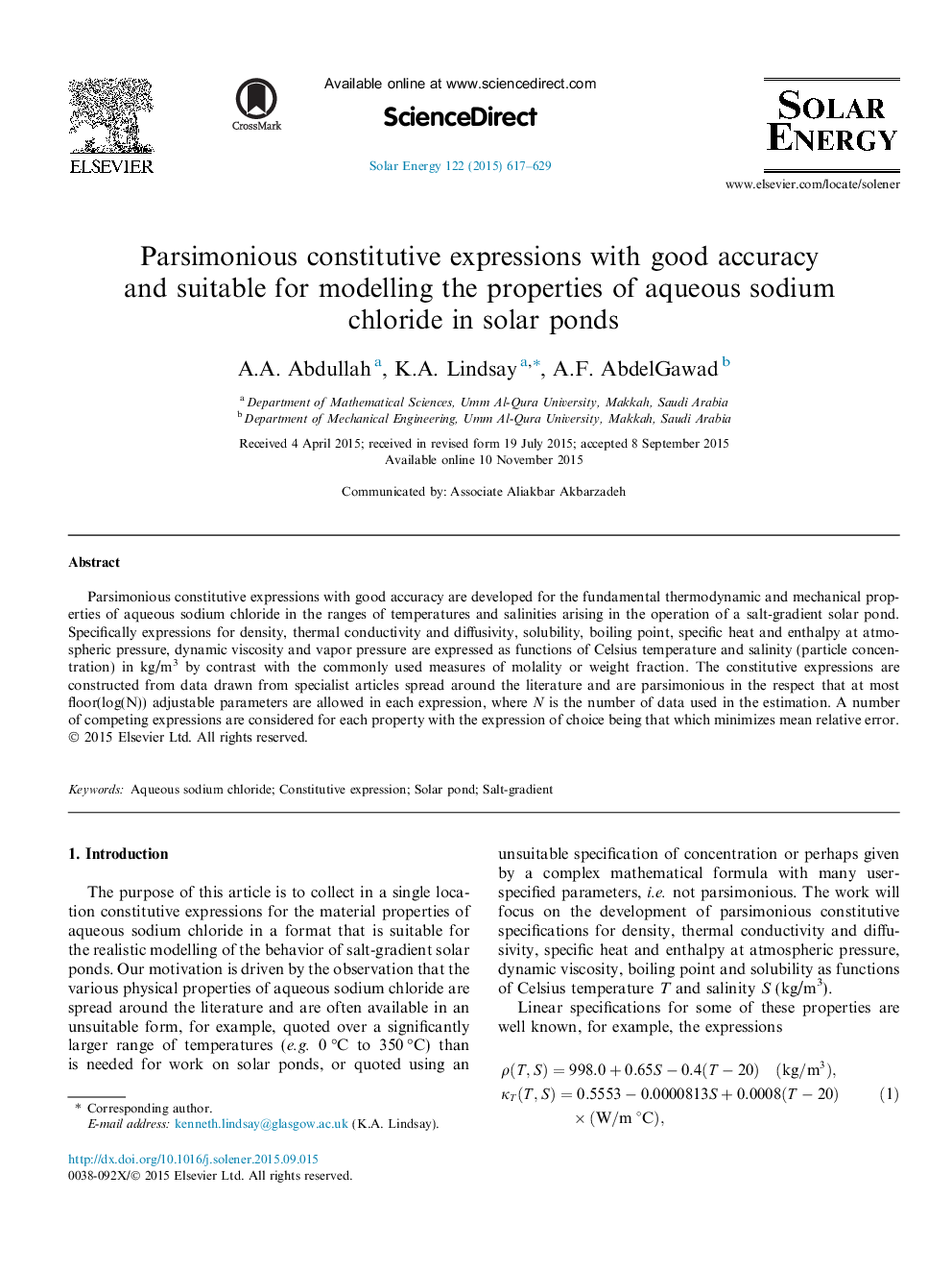 Parsimonious constitutive expressions with good accuracy and suitable for modelling the properties of aqueous sodium chloride in solar ponds