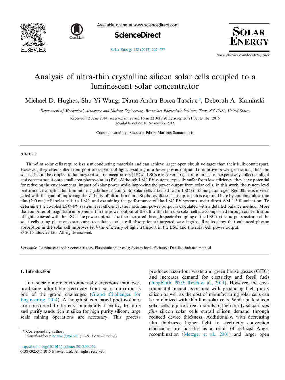 تجزیه و تحلیل سلول های خورشیدی سیلیکون بلوری بسیار نازک همراه با یک متمرکز کننده ی خورشیدی تابشی 