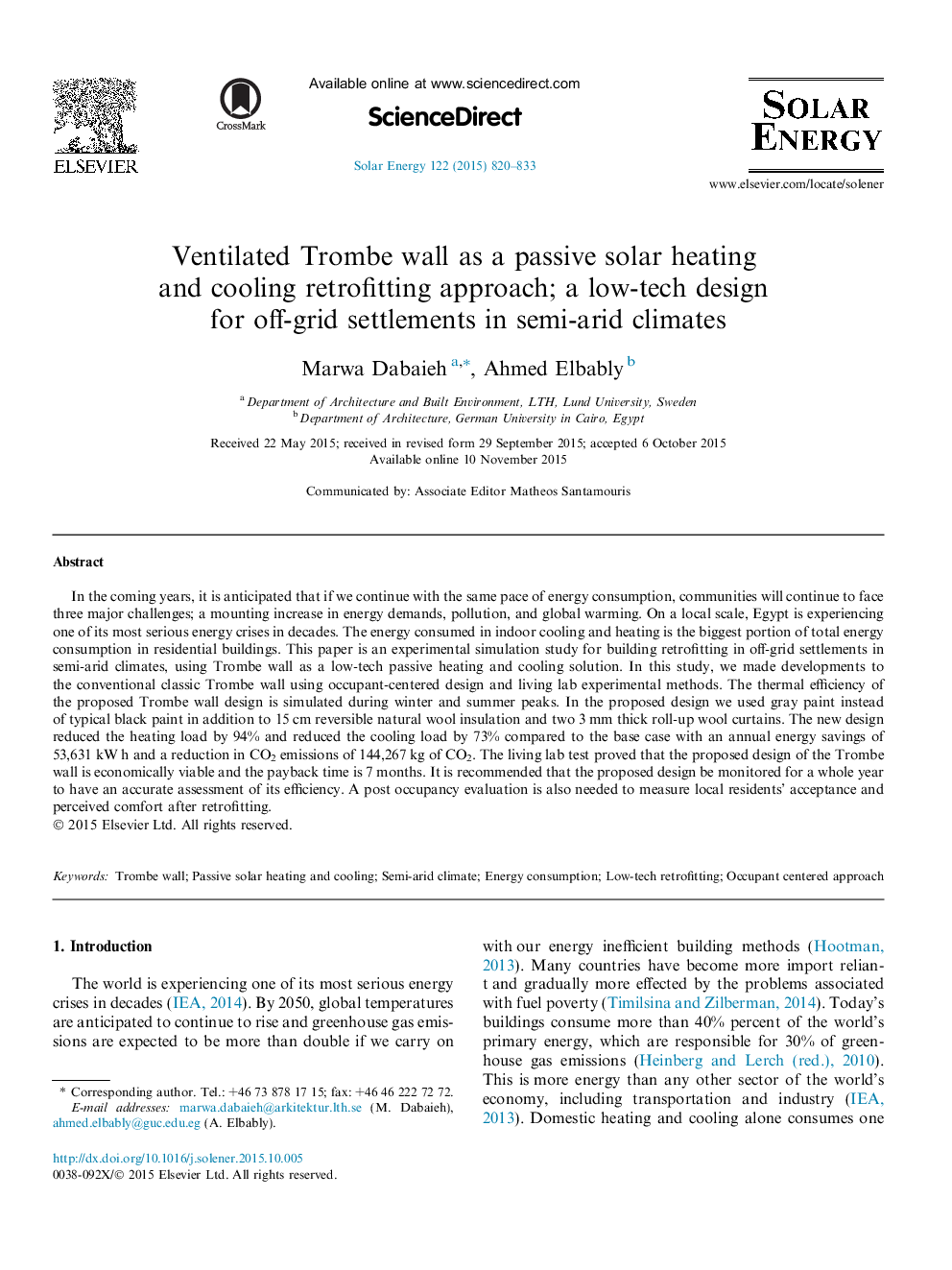 دیوار ترومبه تهویه به عنوان یک روش پیشگیری از خنک سازی و خنک کننده خنک کننده؛ طراحی کم فن آوری برای سکونتگاه های خارج از شبکه در هوای نیمه خشک 