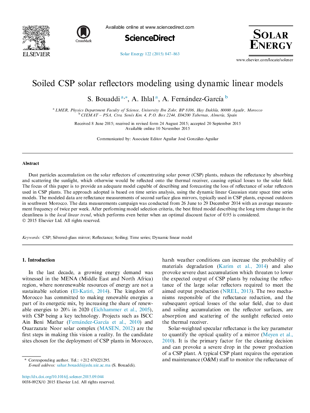 Soiled CSP solar reflectors modeling using dynamic linear models