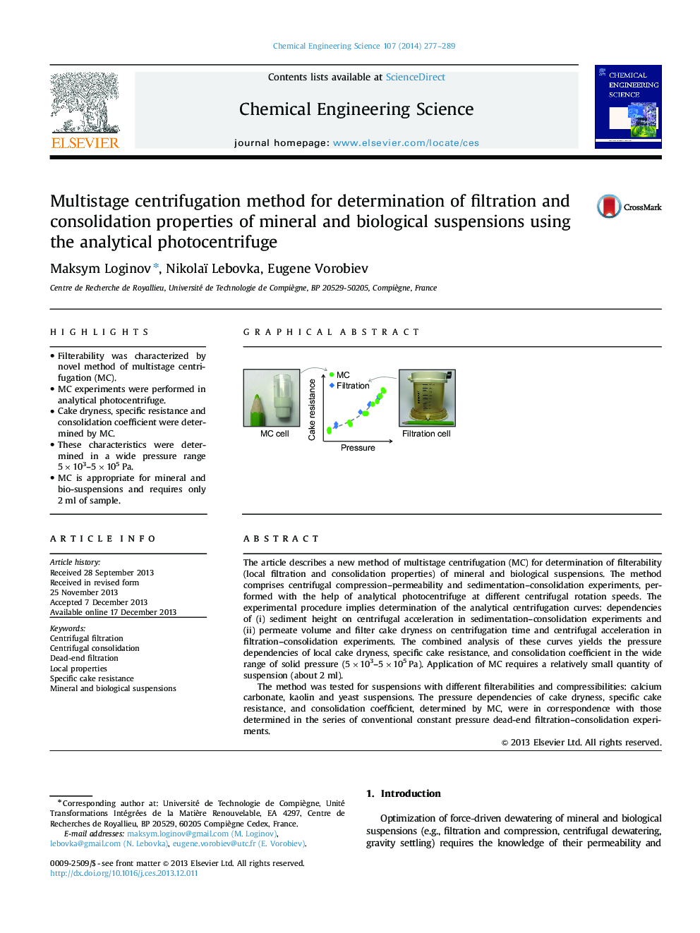 Multistage centrifugation method for determination of filtration and consolidation properties of mineral and biological suspensions using the analytical photocentrifuge