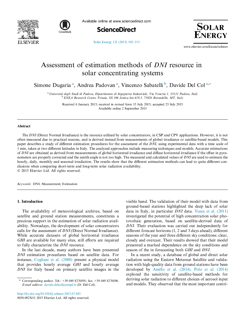 Assessment of estimation methods of DNI resource in solar concentrating systems