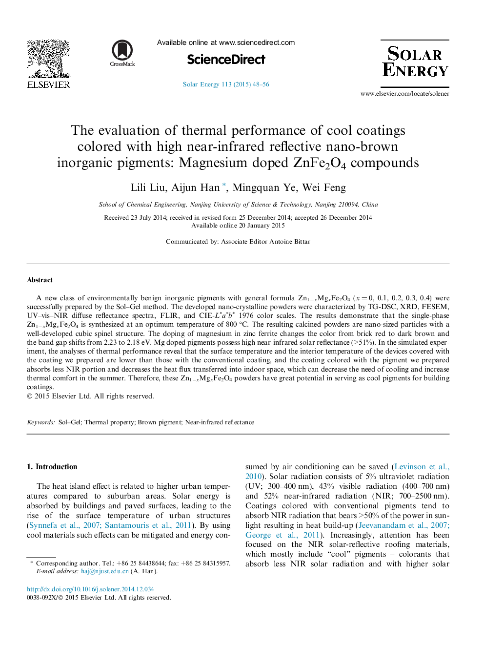 The evaluation of thermal performance of cool coatings colored with high near-infrared reflective nano-brown inorganic pigments: Magnesium doped ZnFe2O4 compounds