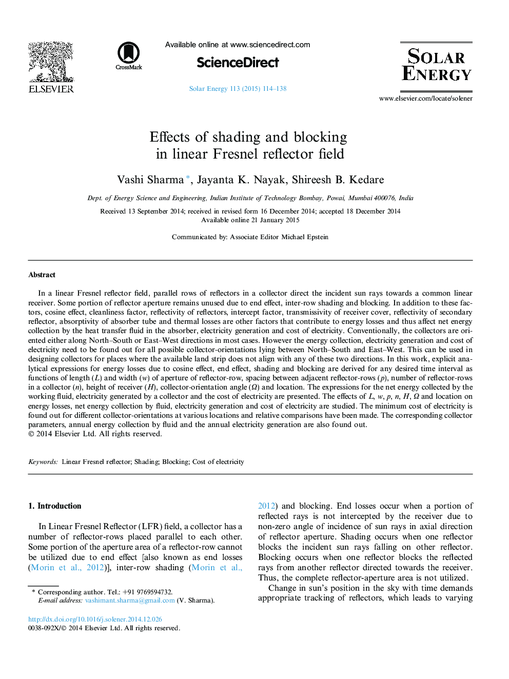 Effects of shading and blocking in linear Fresnel reflector field