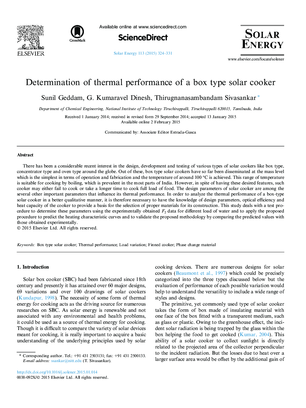 Determination of thermal performance of a box type solar cooker