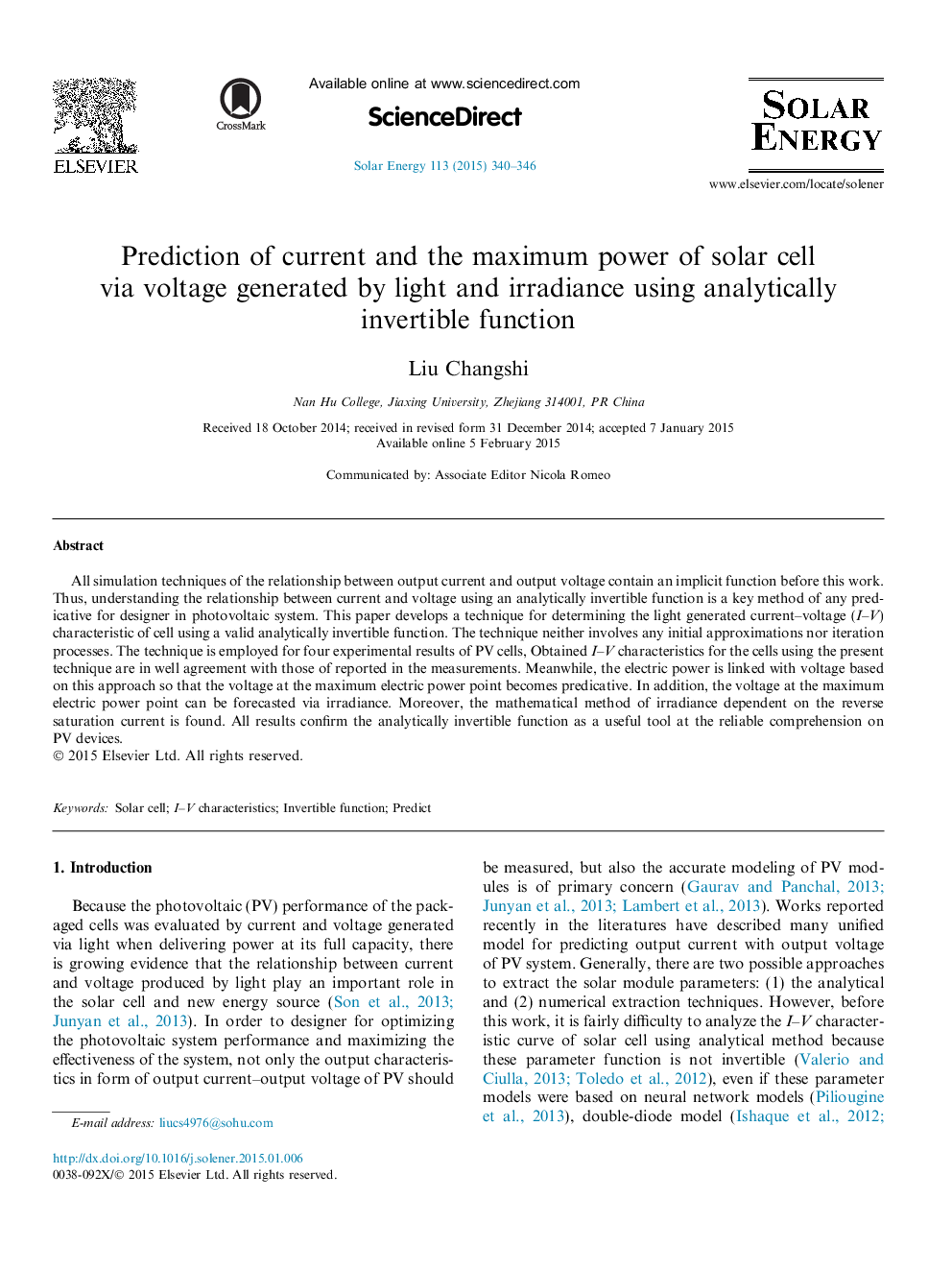 Prediction of current and the maximum power of solar cell via voltage generated by light and irradiance using analytically invertible function