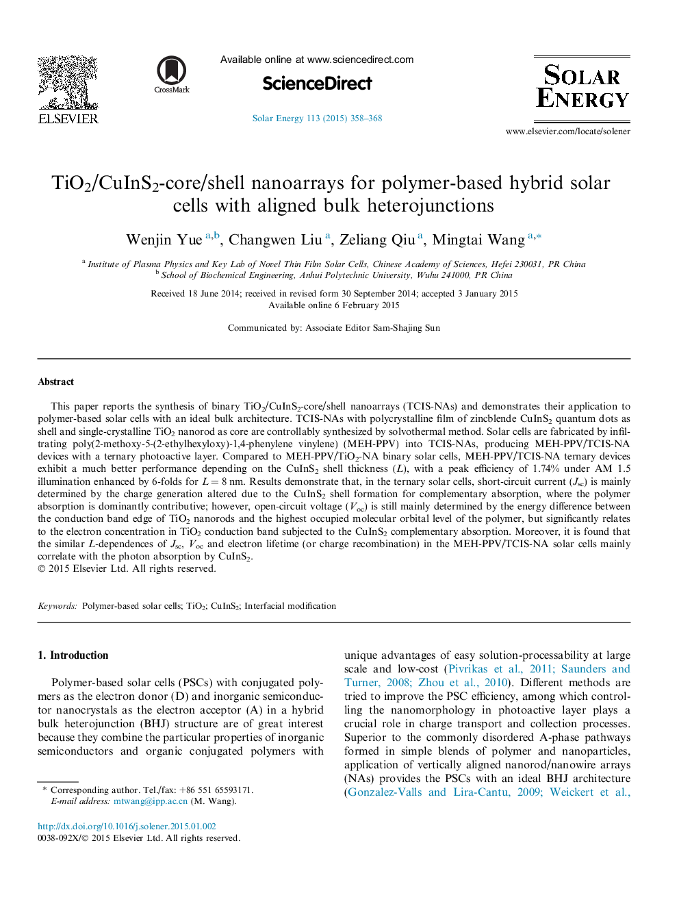 TiO2/CuInS2-core/shell nanoarrays for polymer-based hybrid solar cells with aligned bulk heterojunctions