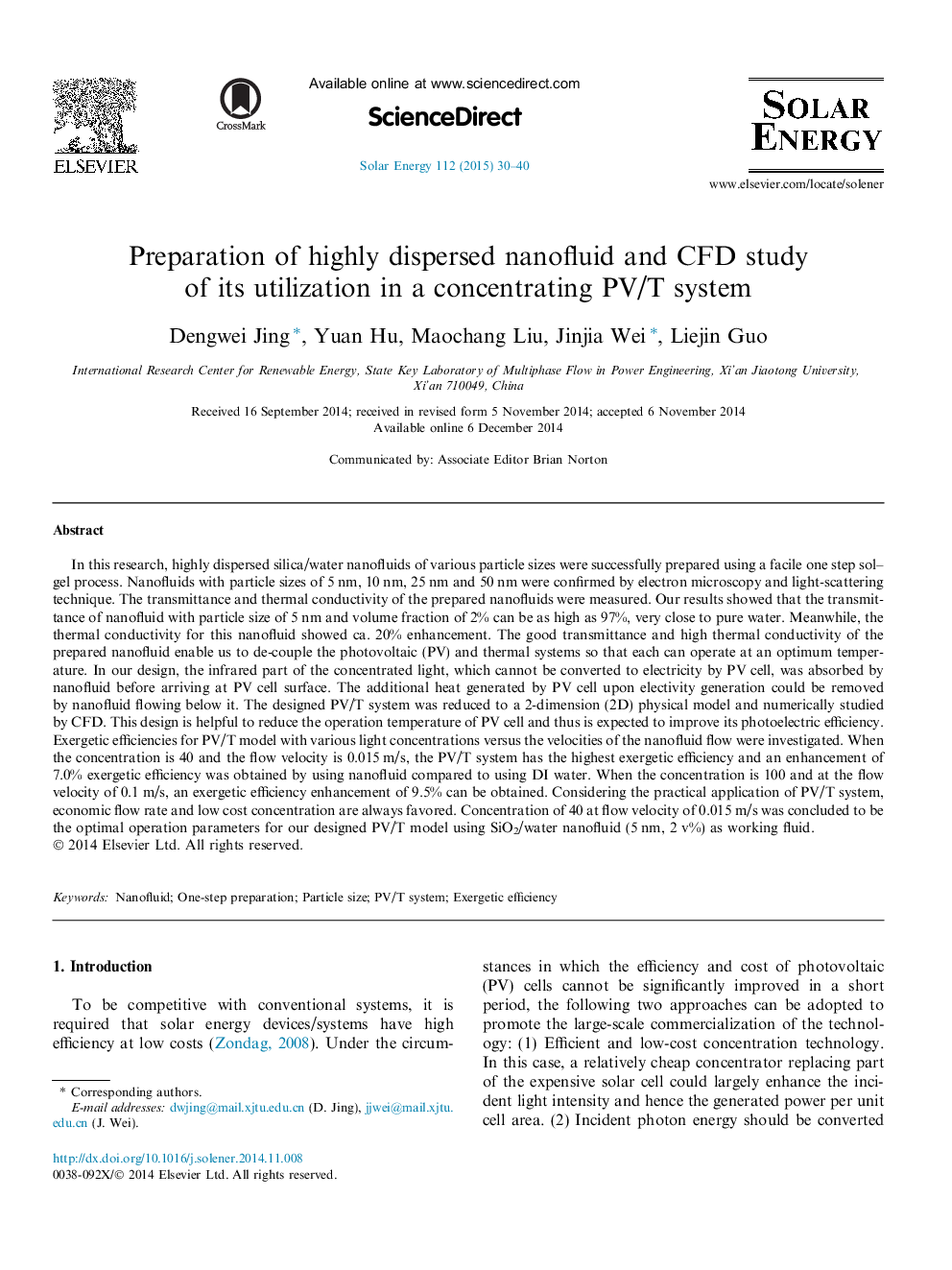 Preparation of highly dispersed nanofluid and CFD study of its utilization in a concentrating PV/T system