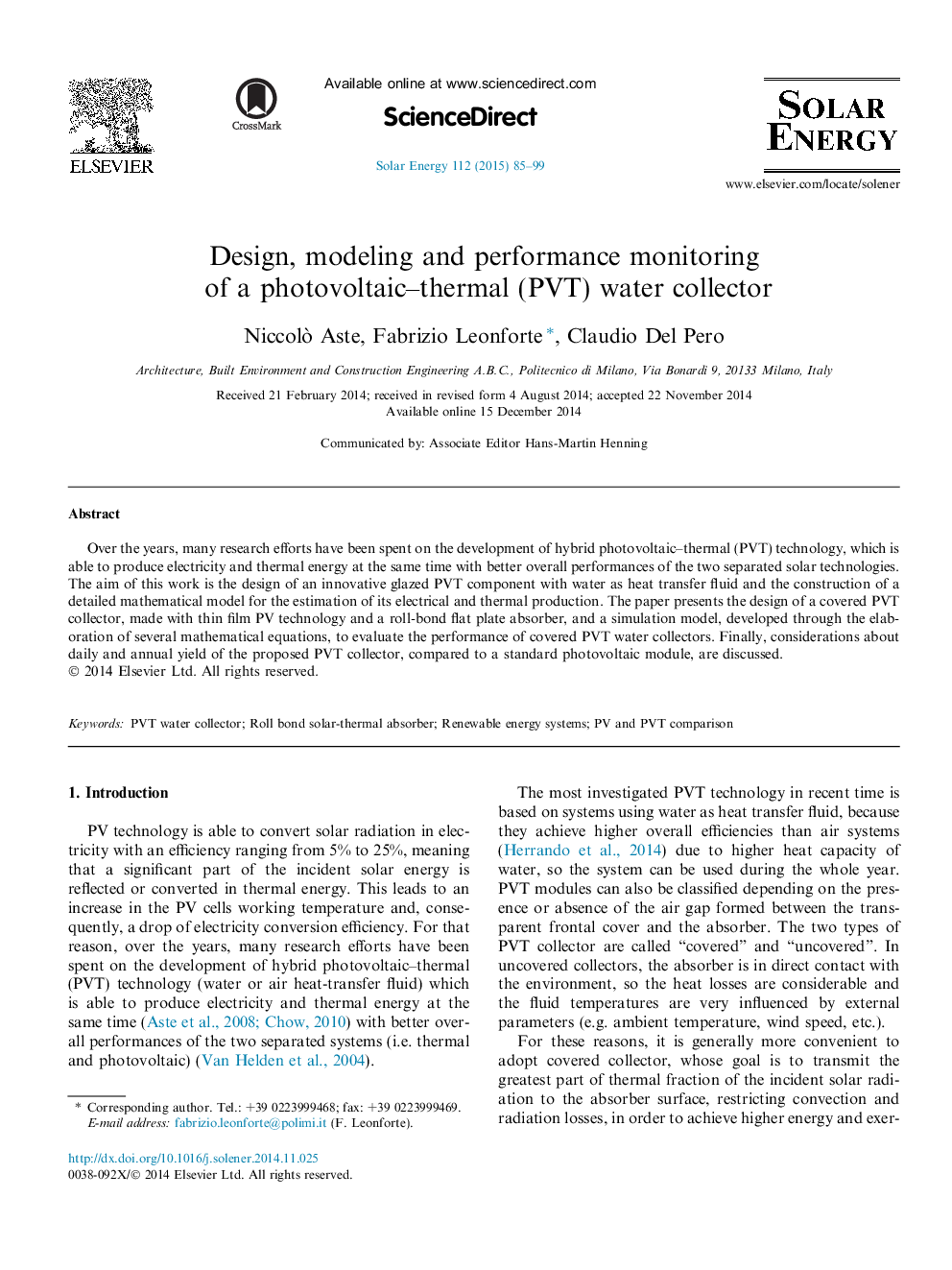 Design, modeling and performance monitoring of a photovoltaic–thermal (PVT) water collector